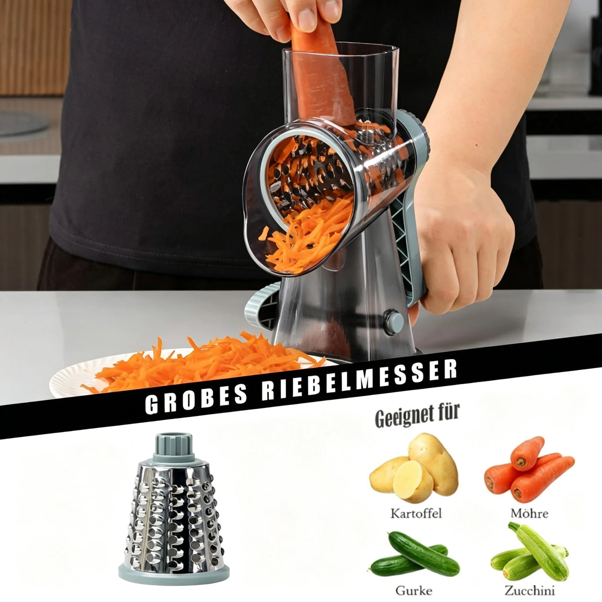 Râpe Rotative 3-en-1 Pour Fromage Et Légumes Avec Ventouse