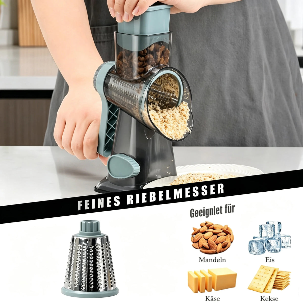 Râpe Rotative 3-en-1 Pour Fromage Et Légumes Avec Ventouse