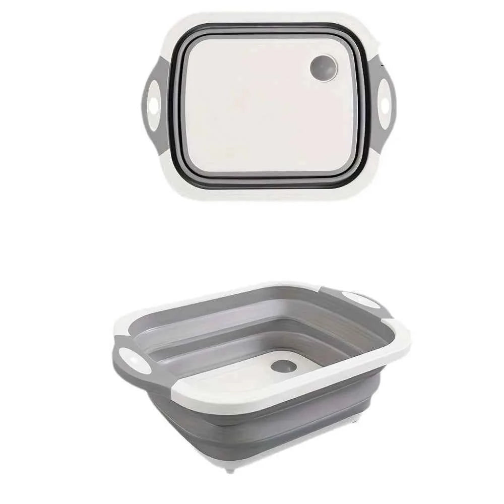 Planche à découper pliable multifonctionnelle 3-en-1 en plastique™  |, avec bac de lavage portable pour légumes