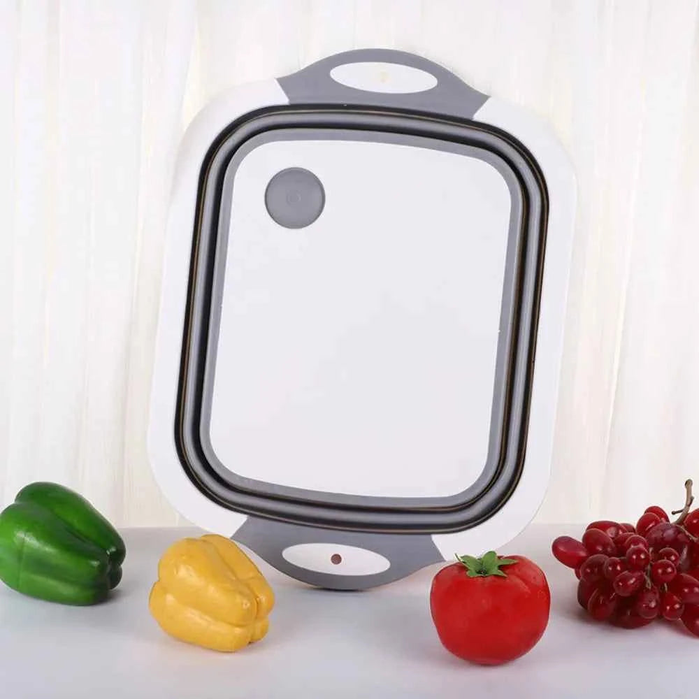 Planche à découper pliable multifonctionnelle 3-en-1 en plastique™  |, avec bac de lavage portable pour légumes