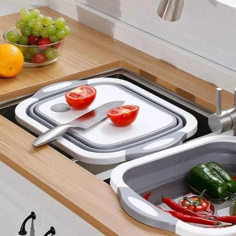Planche à découper pliable multifonctionnelle 3-en-1 en plastique™  |, avec bac de lavage portable pour légumes