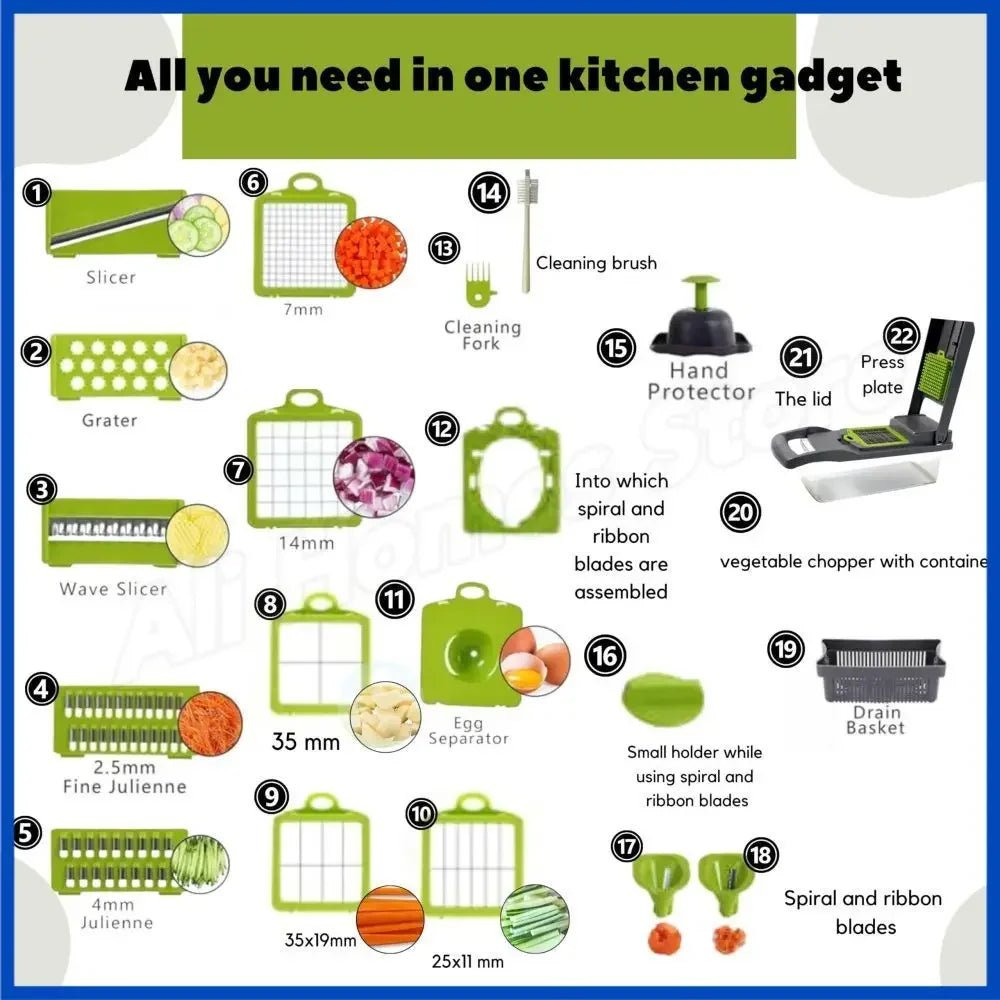 Coupe-Légumes 22 en 1 Avec Bac – Mandoline Multi-Usage